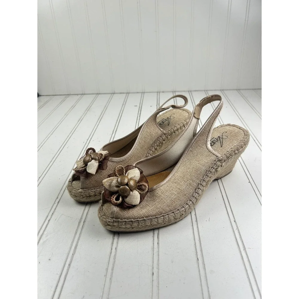 Aura Beige Linen Floral Espadrille Slingback Wedge Sandals Women's Size 40 9-10